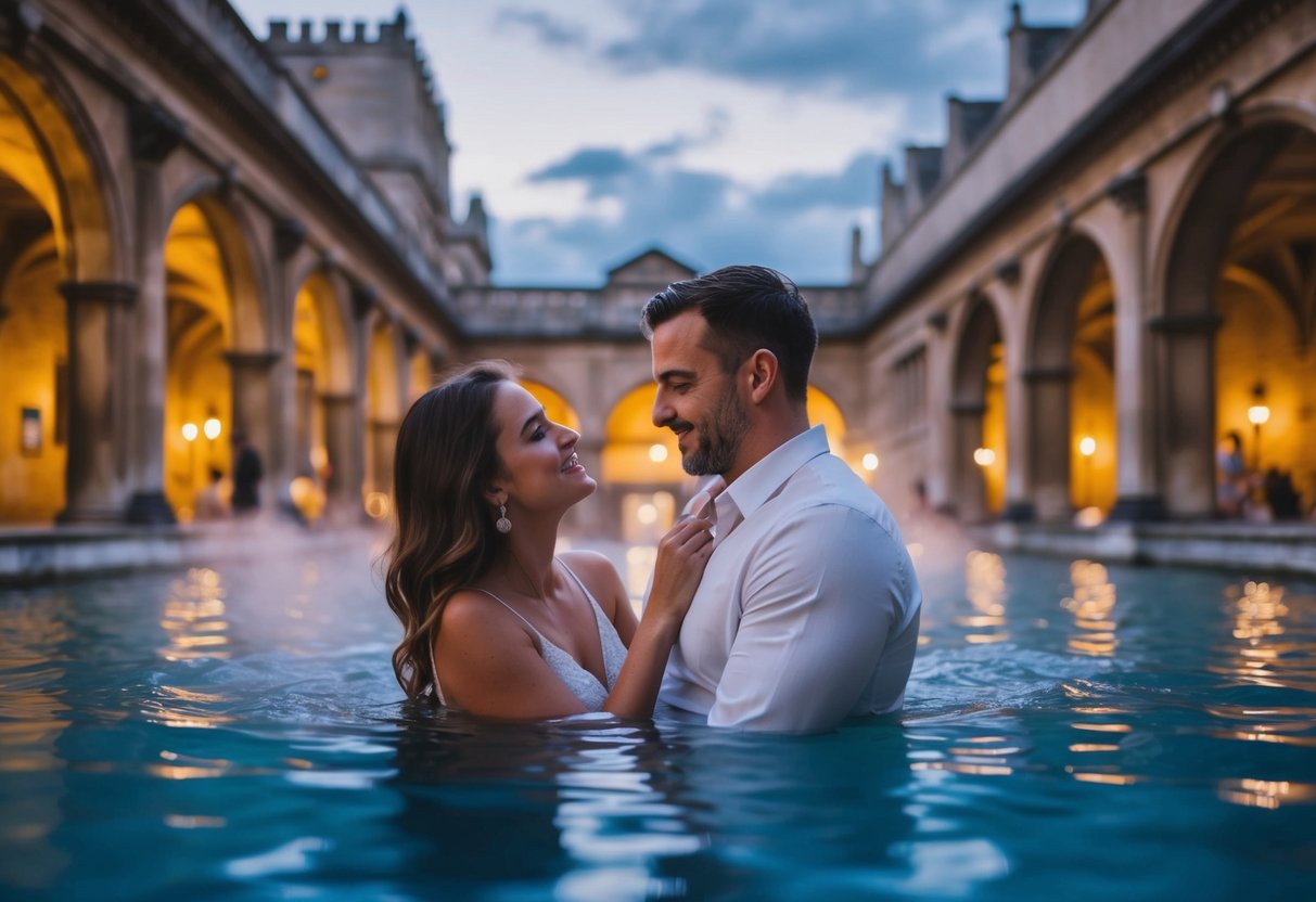 A couple enjoys a romantic evening at the Roman Baths in Bath, UK, surrounded by ancient architecture and the warm, steaming waters