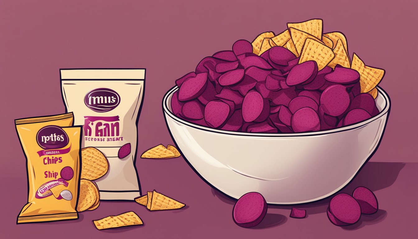 A bowl of beetroot crunch strips next to a bag of potato chips, with a disappointed facial expression on the bag of potato chips