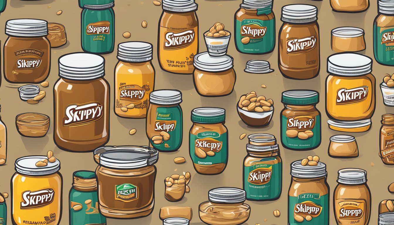 A jar of Skippy Reduced Fat Creamy Peanut Butter surrounded by 9 other peanut butter brands, with added sugars visibly pouring into each jar