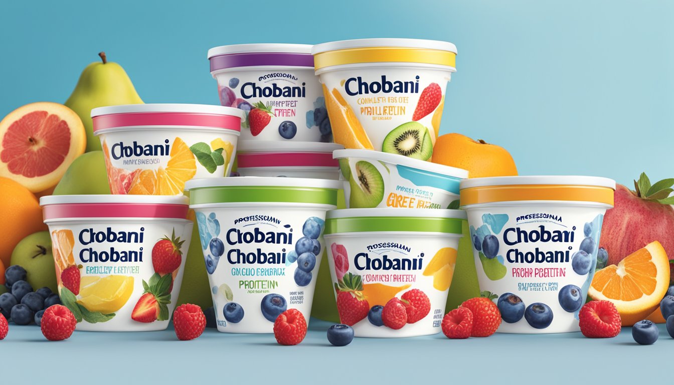 A colorful array of Chobani Complete Greek yogurt containers, each showcasing vibrant fruit flavors and bold "protein-packed" branding