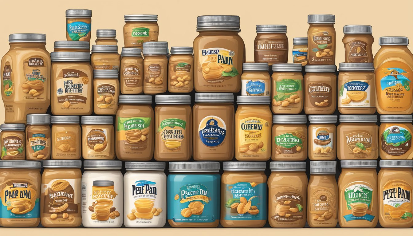 A jar of Peter Pan Honey Roasted Creamy Peanut Butter surrounded by nine other peanut butter brands, all labeled as "nutritious" but loaded with added sugars