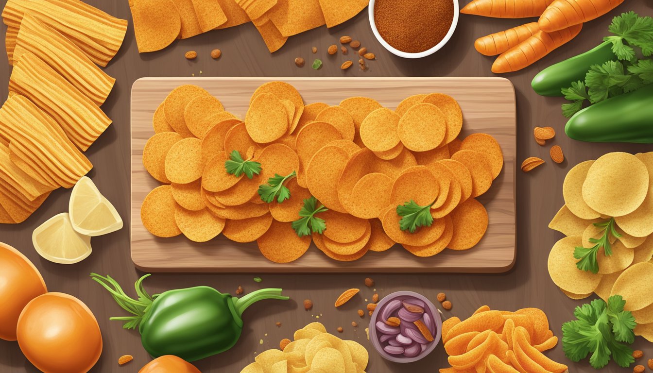 A colorful array of carrot spice twists and veggie chips arranged on a wooden board, with a bag of potato chips in the background