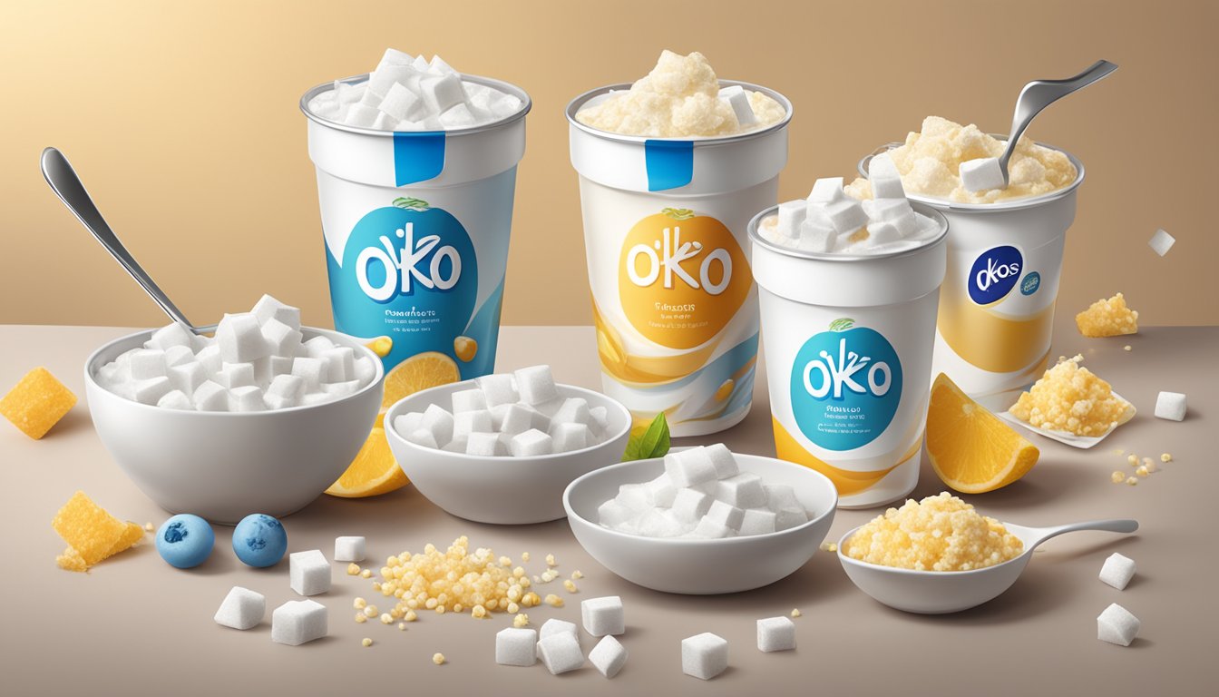 A table with eight Oikos Triple Zero Vanilla yogurts surrounded by scattered sugar cubes and a spoon