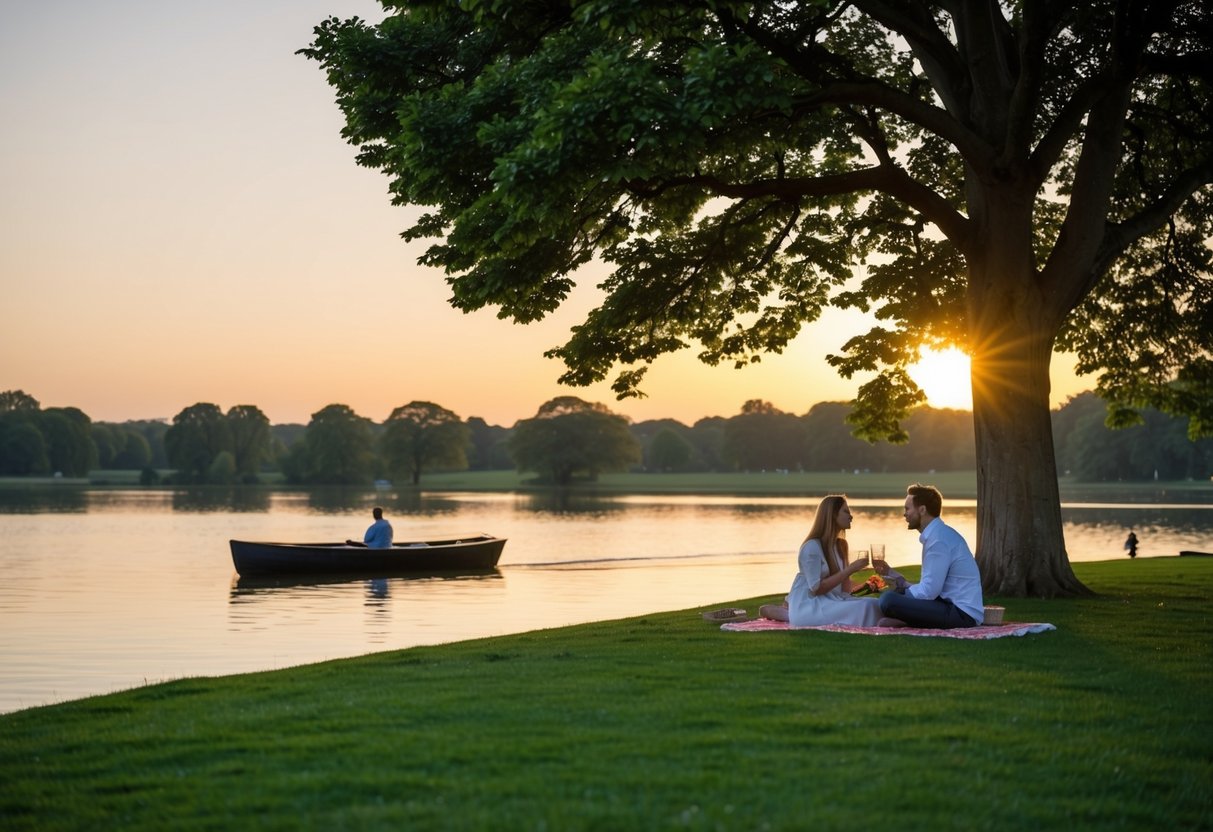 A couple picnicking under a tree in Alexandra Park, Bath. A rowboat glides across the tranquil lake as the sun sets