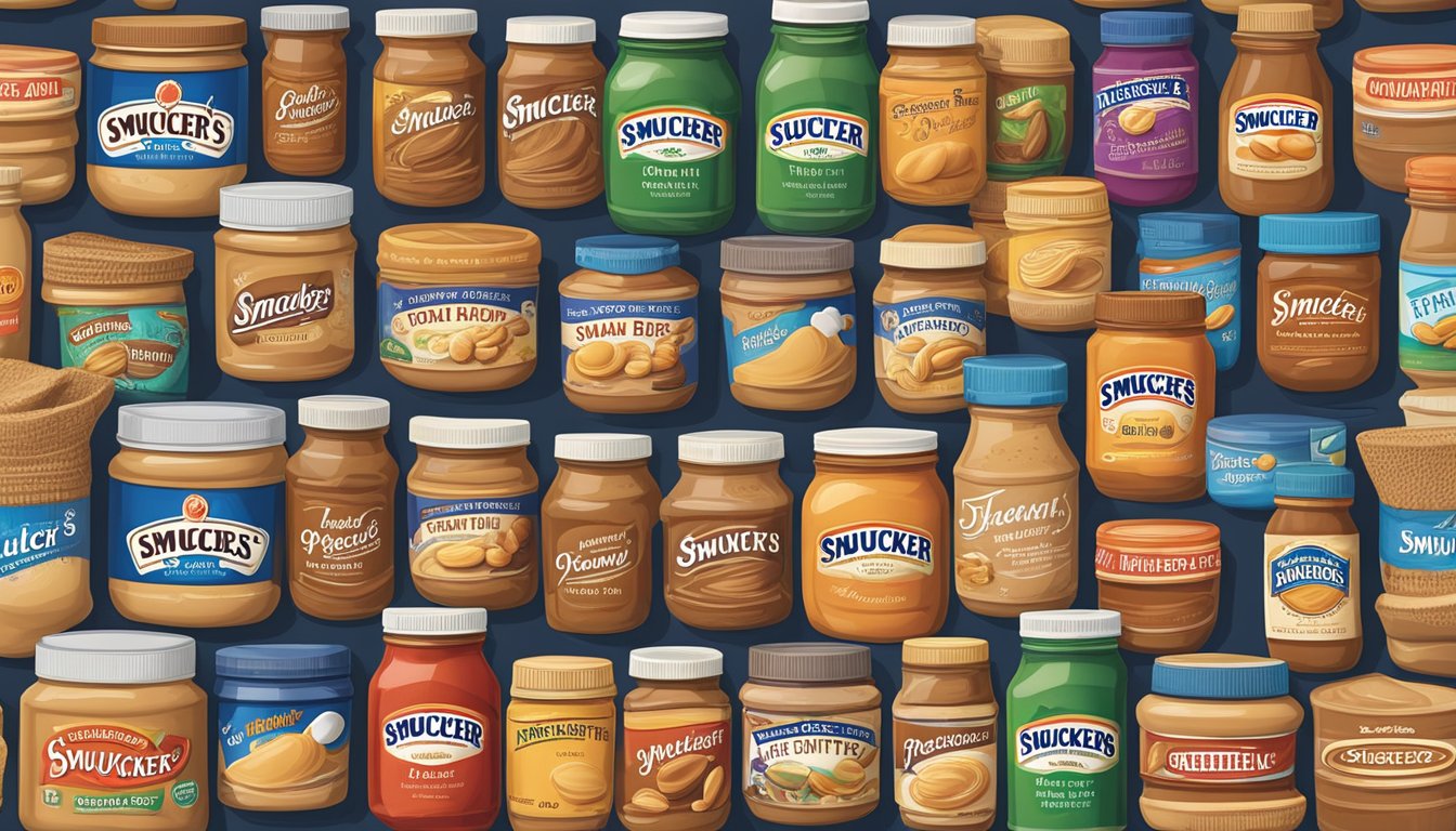 A jar of Smucker's Natural Creamy Peanut Butter surrounded by 9 other peanut butter brands with added sugars