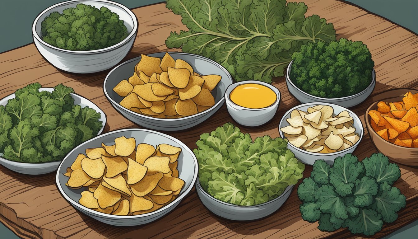 A colorful array of parsnip poppers, kale chips, and other veggie chips arranged on a rustic wooden board, with a bowl of dip in the center