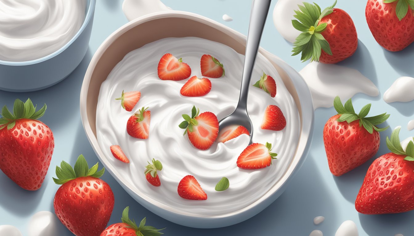 A table with a pack of Siggi's Skyr Yogurt Strawberry 8, surrounded by fresh strawberries and a spoon