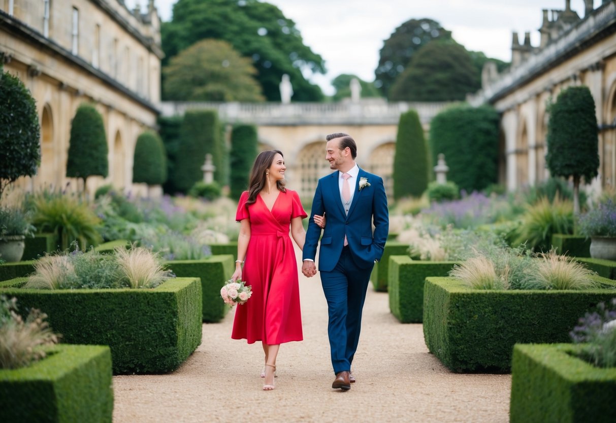 A couple strolling through the gardens of No.1 Royal Crescent, Bath, UK, admiring the historic architecture and enjoying a romantic date