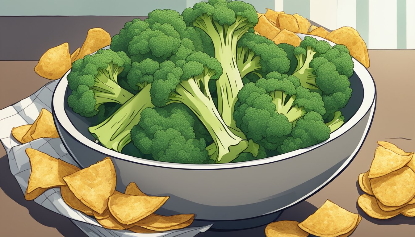 A bowl of broccoli crunchies surrounded by potato chips, with a disappointed expression on a faceless figure's face