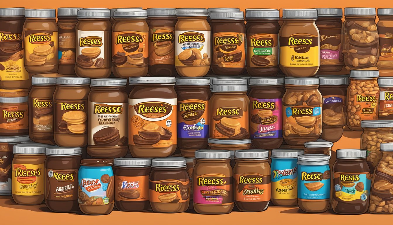 A jar of Reeses Creamy Peanut Butter surrounded by 8 other jars of various peanut butter brands, all labeled as "nutritious" but loaded with added sugars