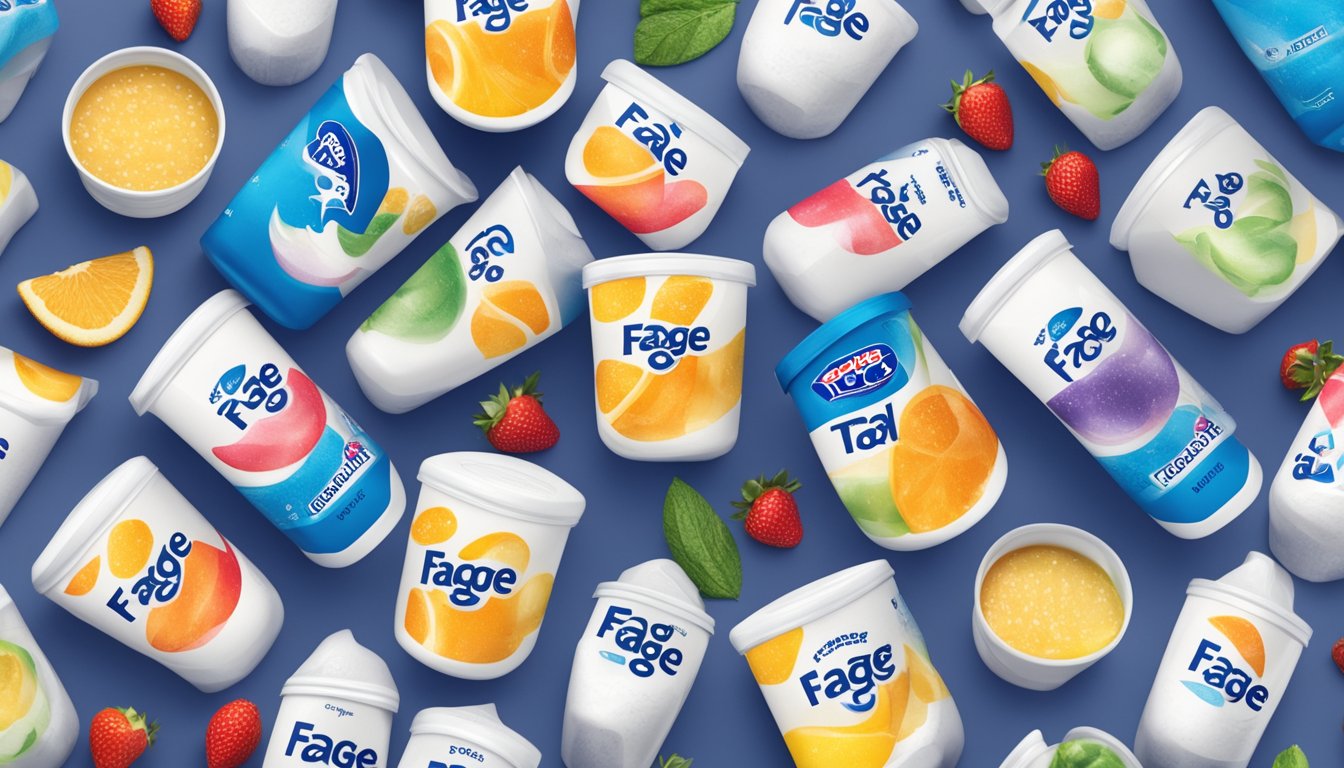 A row of Fage Total 0% yogurt containers, with the label prominently displayed, surrounded by scattered sugar cubes