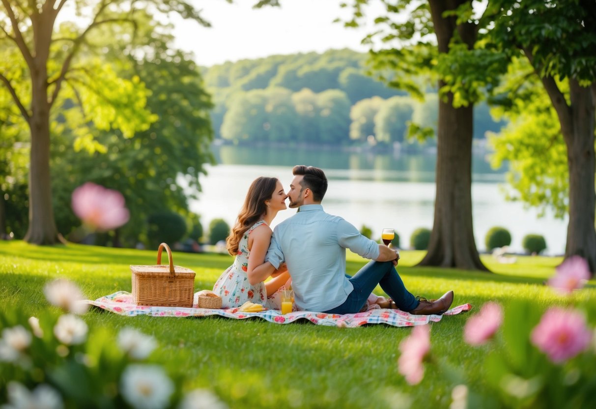 A couple enjoys a romantic picnic in a lush park, surrounded by trees and flowers, with a picturesque view of a serene lake in the background