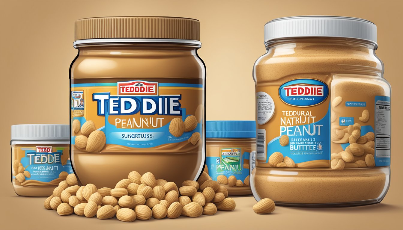 A jar of Teddie Natural Peanut Butter surrounded by piles of sugar, emphasizing the added sugars in "nutritious" peanut butter brands