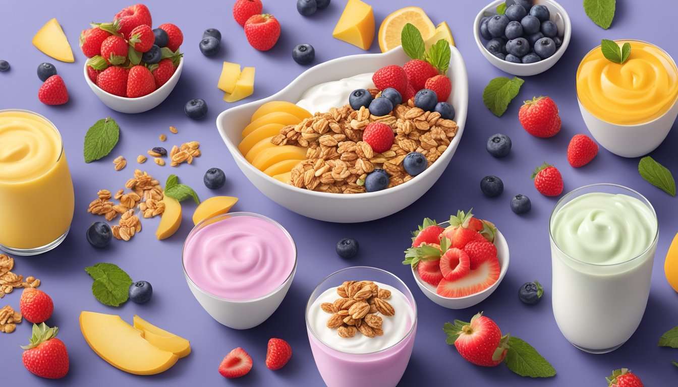 A colorful display of Yoplait Greek 100 Protein yogurts surrounded by fresh fruit and granola