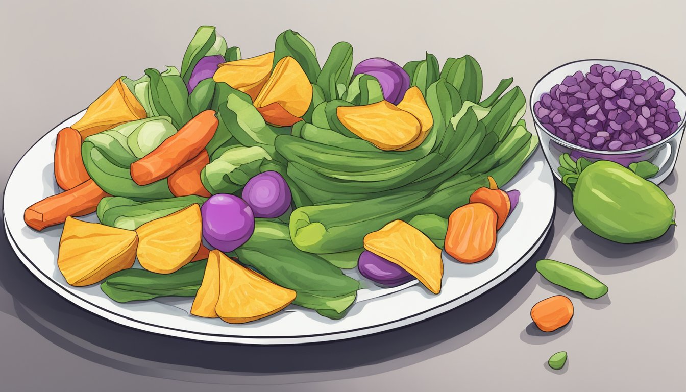 A colorful array of sliced vegetables arranged on a plate, with a bag of "Sweet Pea Nibble Chips" placed next to them