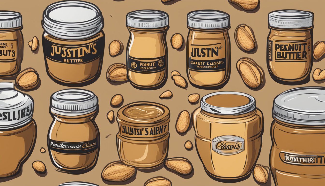 A jar of Justin's Classic Peanut Butter surrounded by various brands of peanut butter with added sugars