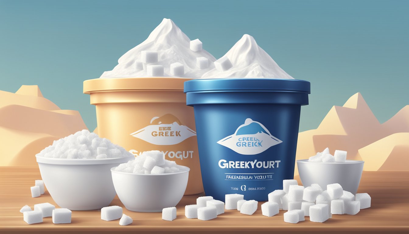 Two containers of Greek yogurt with exaggerated muscles, surrounded by a pile of sugar cubes