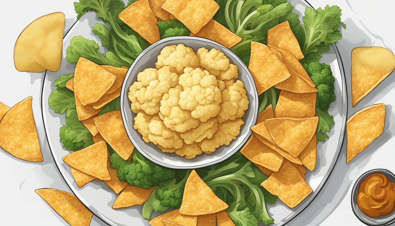 A plate of cauliflower cheddar squares surrounded by various veggie chips and potato chips