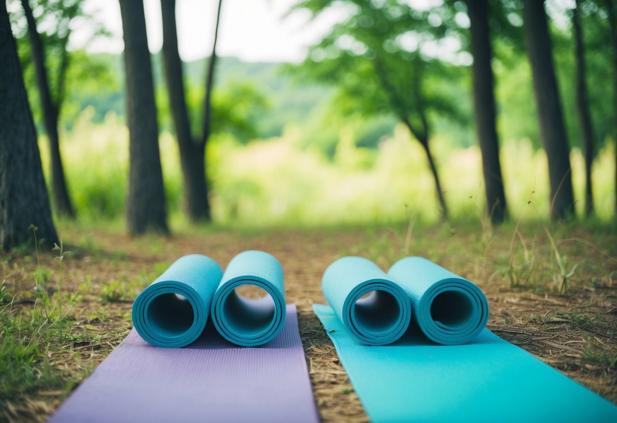 A serene setting with two yoga mats laid out in a peaceful, natural environment, surrounded by trees and a gentle breeze