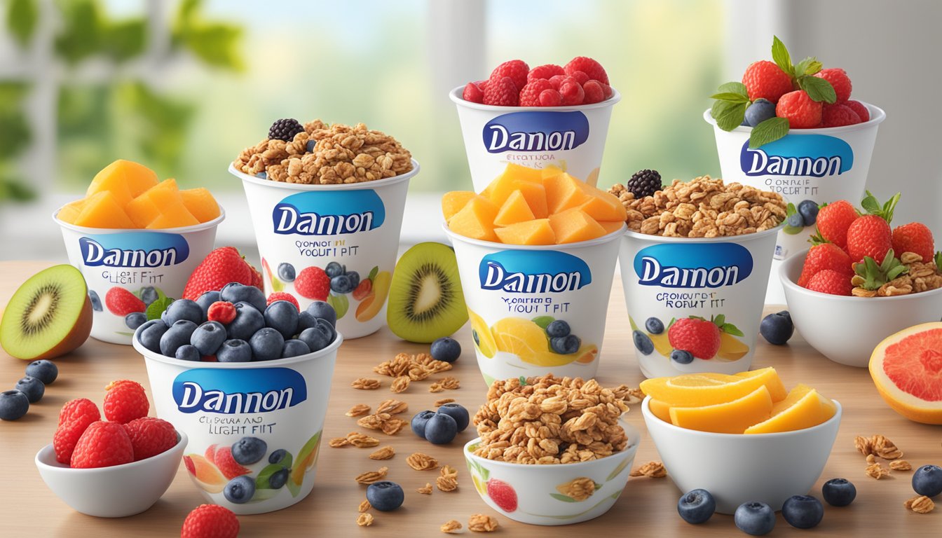 A colorful display of Dannon Light & Fit Greek yogurt cups surrounded by fresh fruit and granola