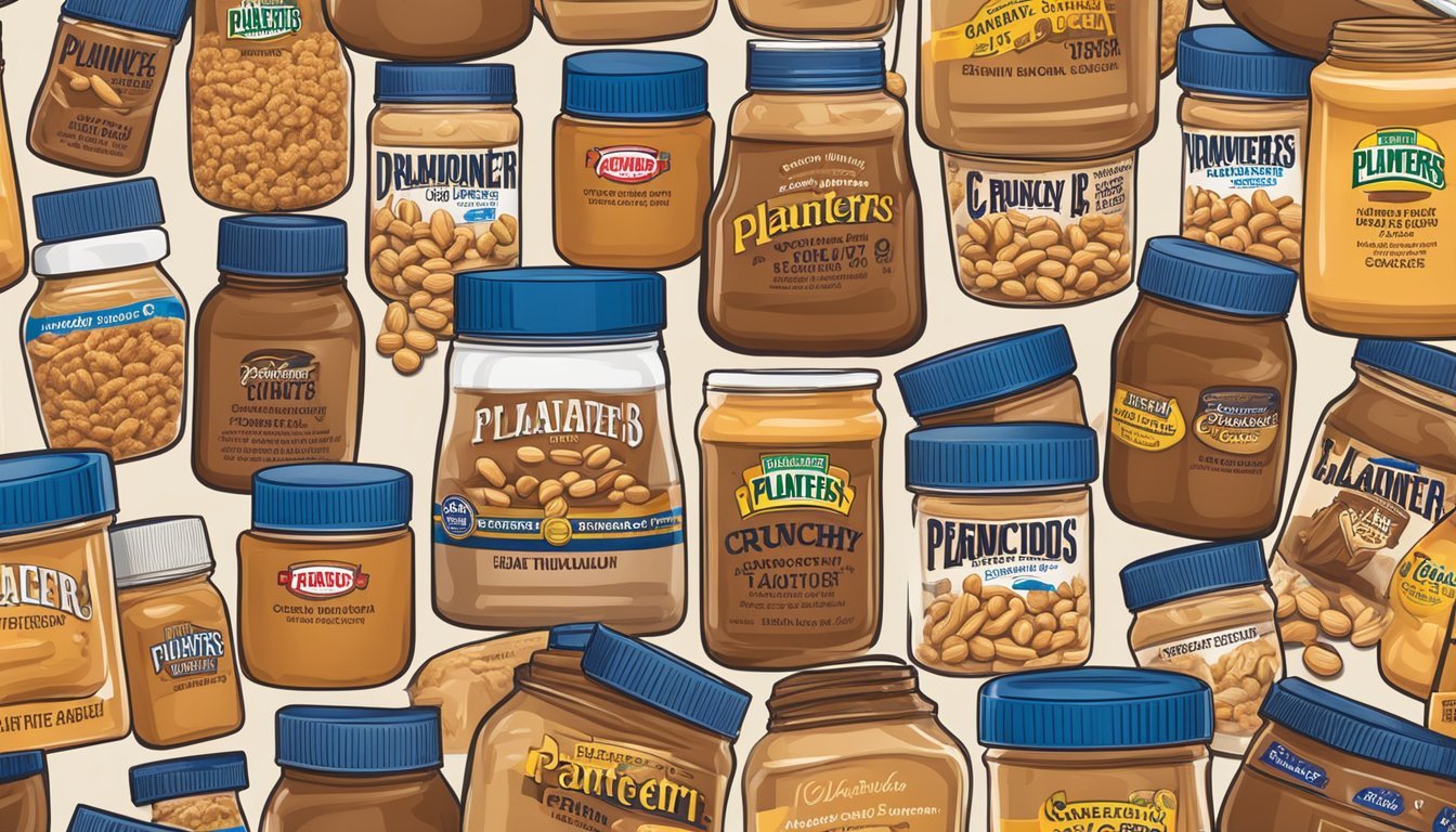 A jar of Planters Crunchy Peanut Butter surrounded by various brands of peanut butter with added sugars