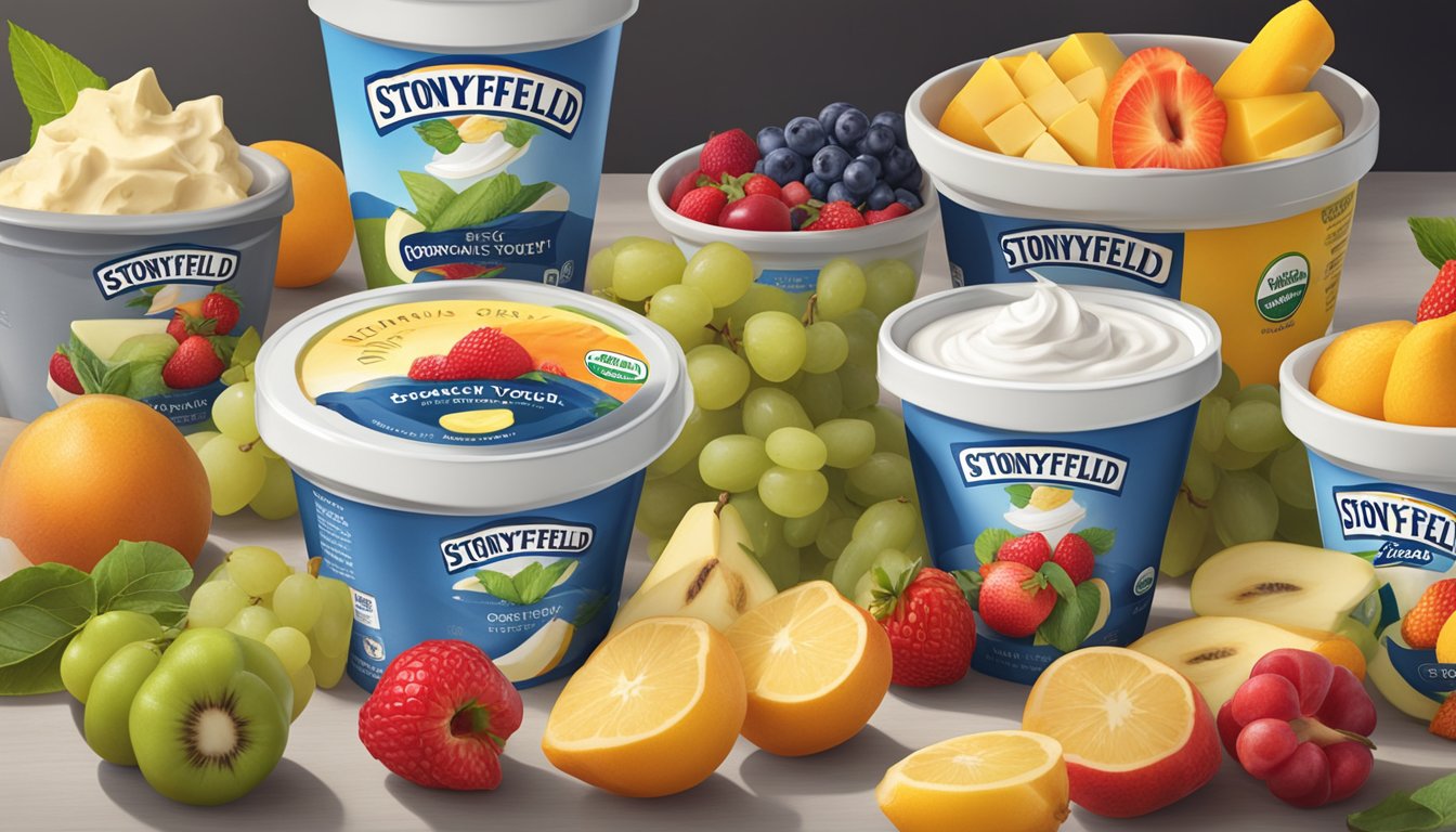 A table with 8 containers of Stonyfield Organic Greek Yogurt, surrounded by various fruits and a spoon