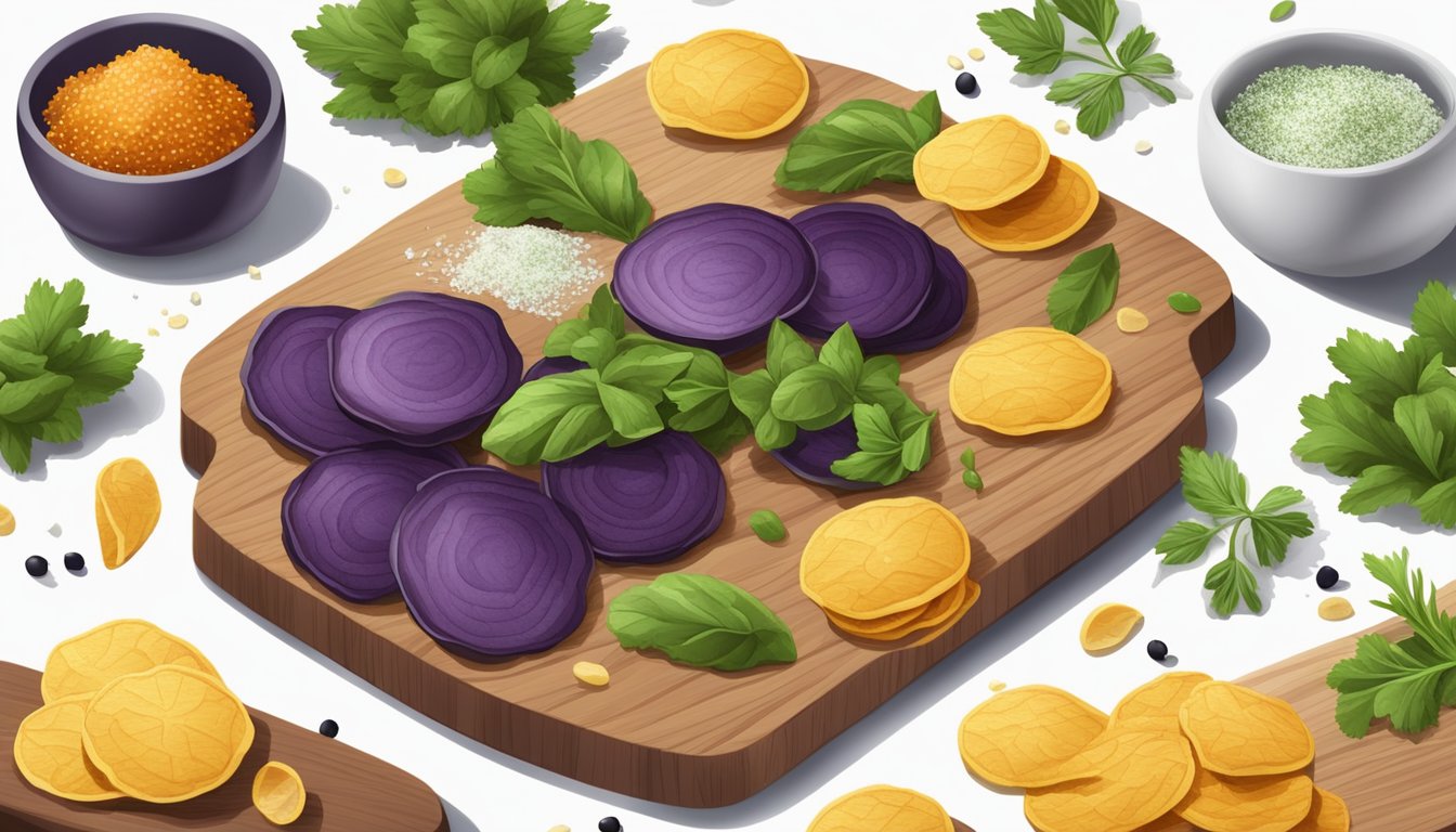 A variety of colorful veggie chips, including eggplant savory bites, arranged on a wooden cutting board, with a sprinkling of salt and herbs