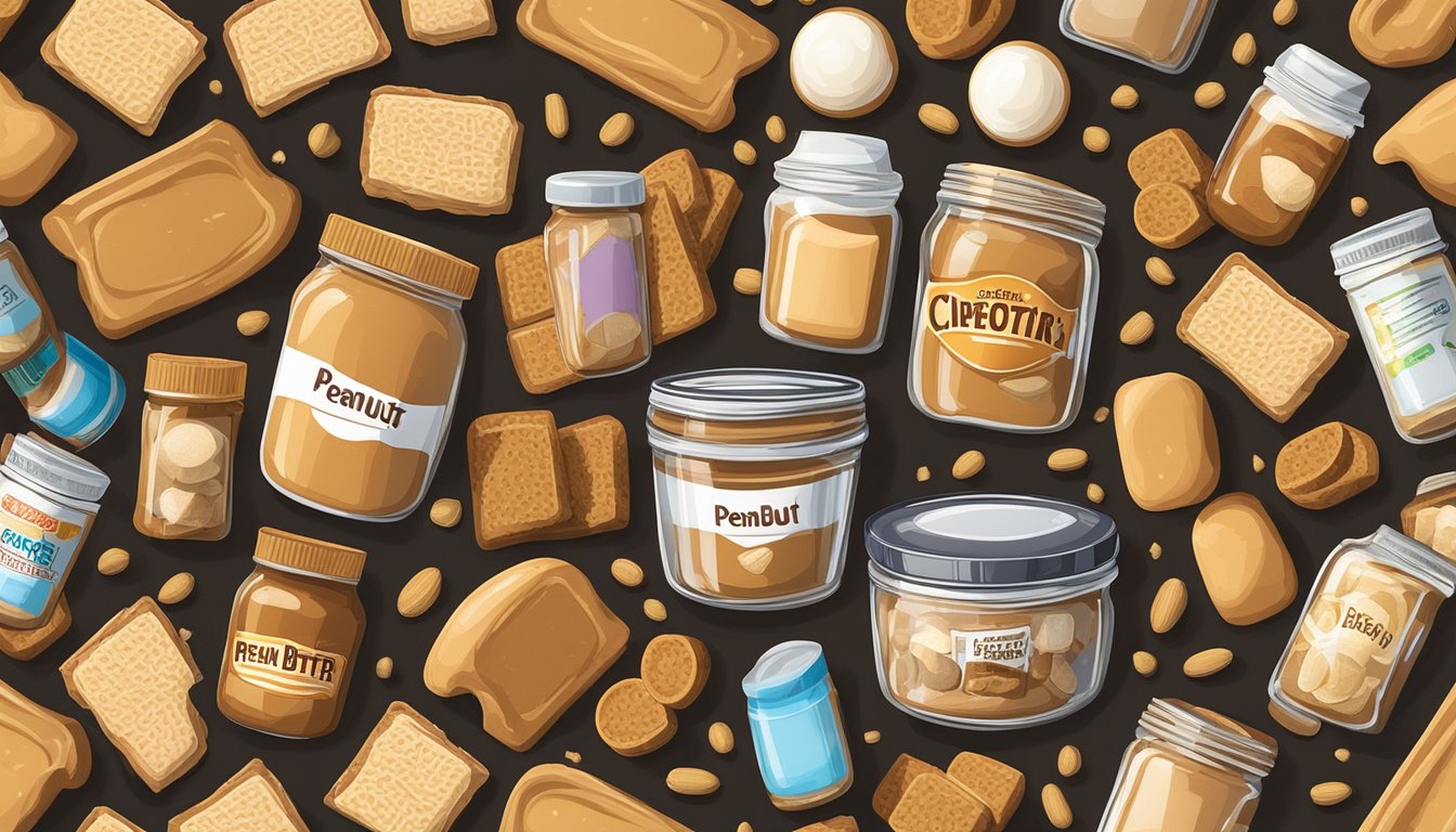 A jar of peanut butter surrounded by various sources of added sugars, such as sugar cubes, sugar packets, and sugar cane, with a spotlight shining on the peanut butter