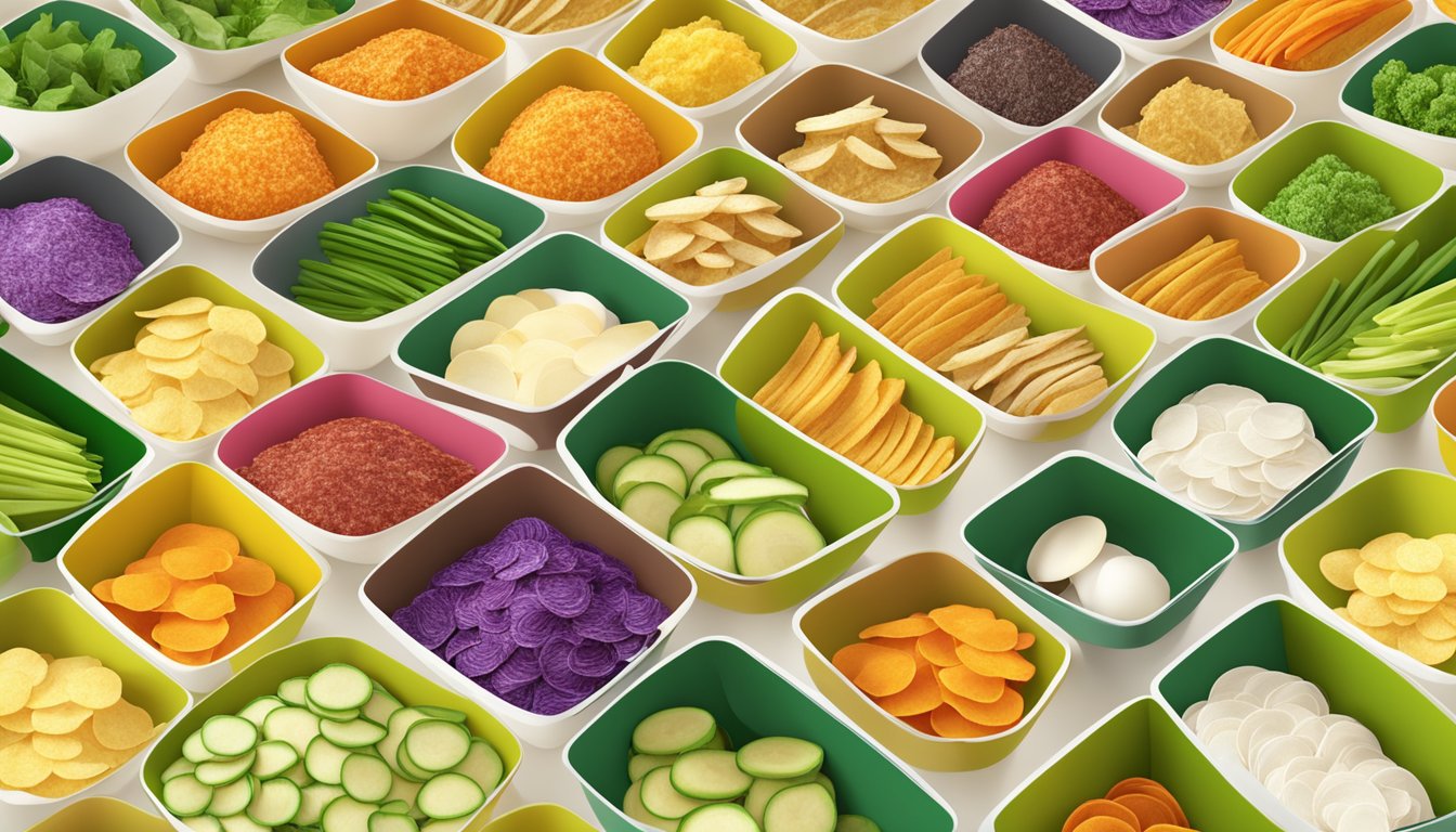 A table with a variety of veggie chips and potato chips arranged in rows for a nutritional comparison