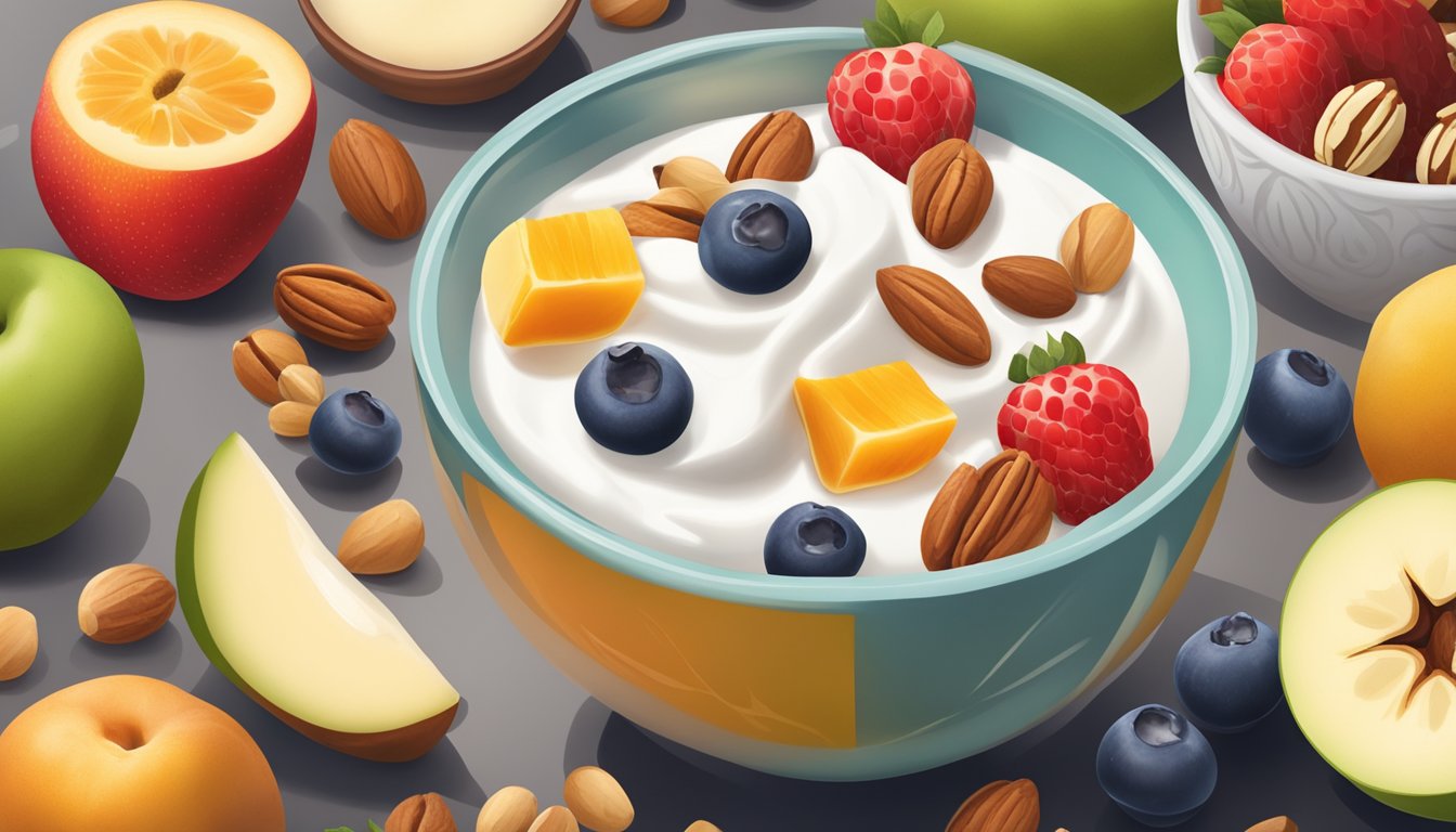 A bowl of yogurt surrounded by various fruits and nuts, with a prominent focus on the protein content