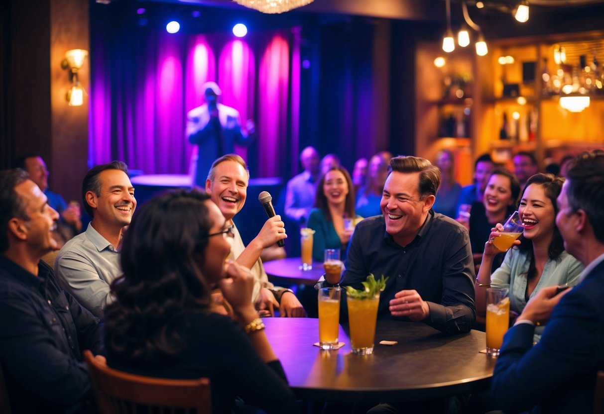 A dimly lit comedy club with a stage, microphone, and audience of adults laughing and enjoying drinks