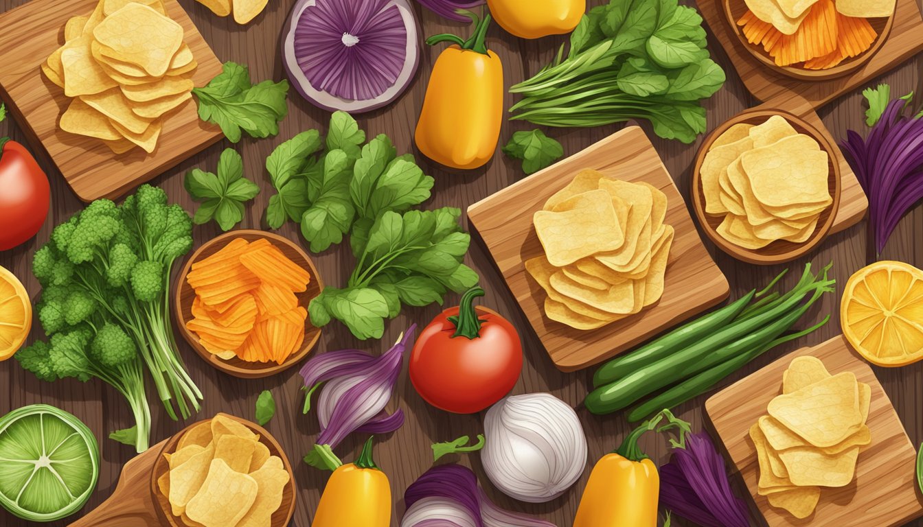 A colorful array of veggie chips arranged on a wooden cutting board, surrounded by fresh vegetables and herbs. The chips are crispy and varied in shape and color