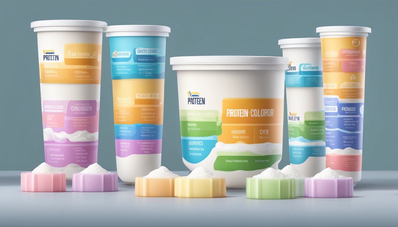 A row of colorful yogurt containers with "protein-packed" labels, surrounded by piles of sugar cubes and a looming sugar content chart