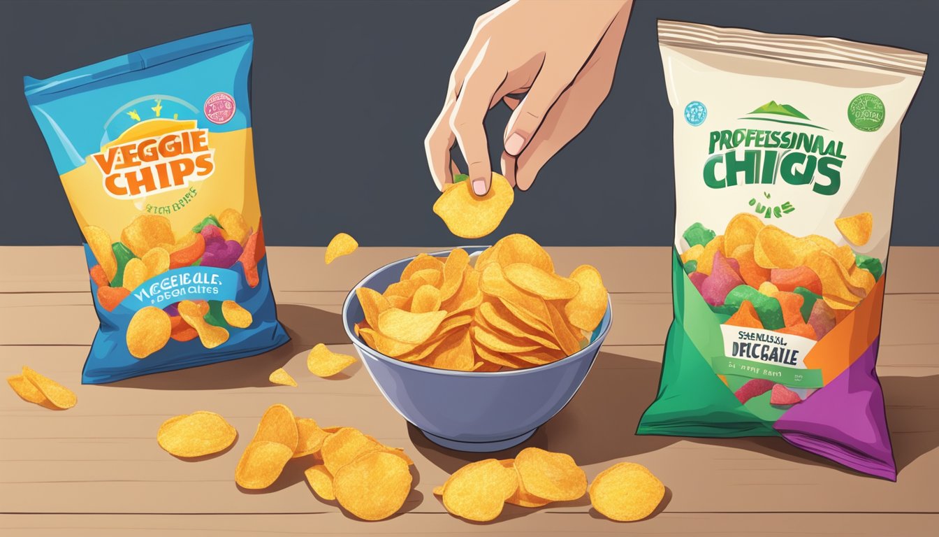 A bowl of colorful veggie chips sits next to a bag of potato chips, with a disappointed expression on the face of a person reaching for the veggie chips