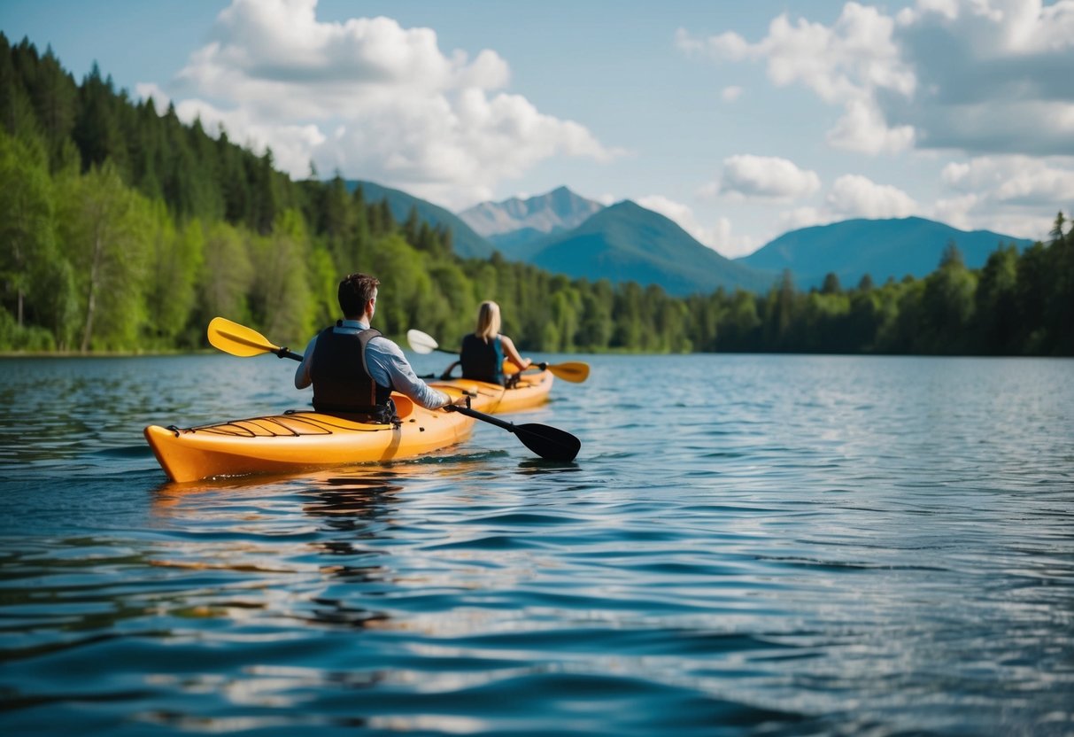 A couple kayaking on a serene lake surrounded by lush greenery and mountains in the background