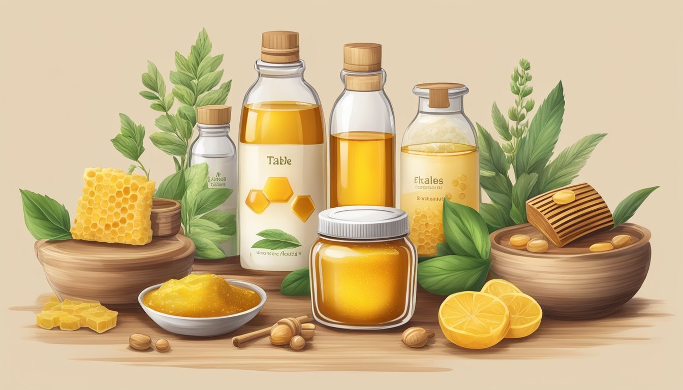 A table with various natural ingredients (honey, beeswax, oils) alongside synthetic chemicals and preservatives