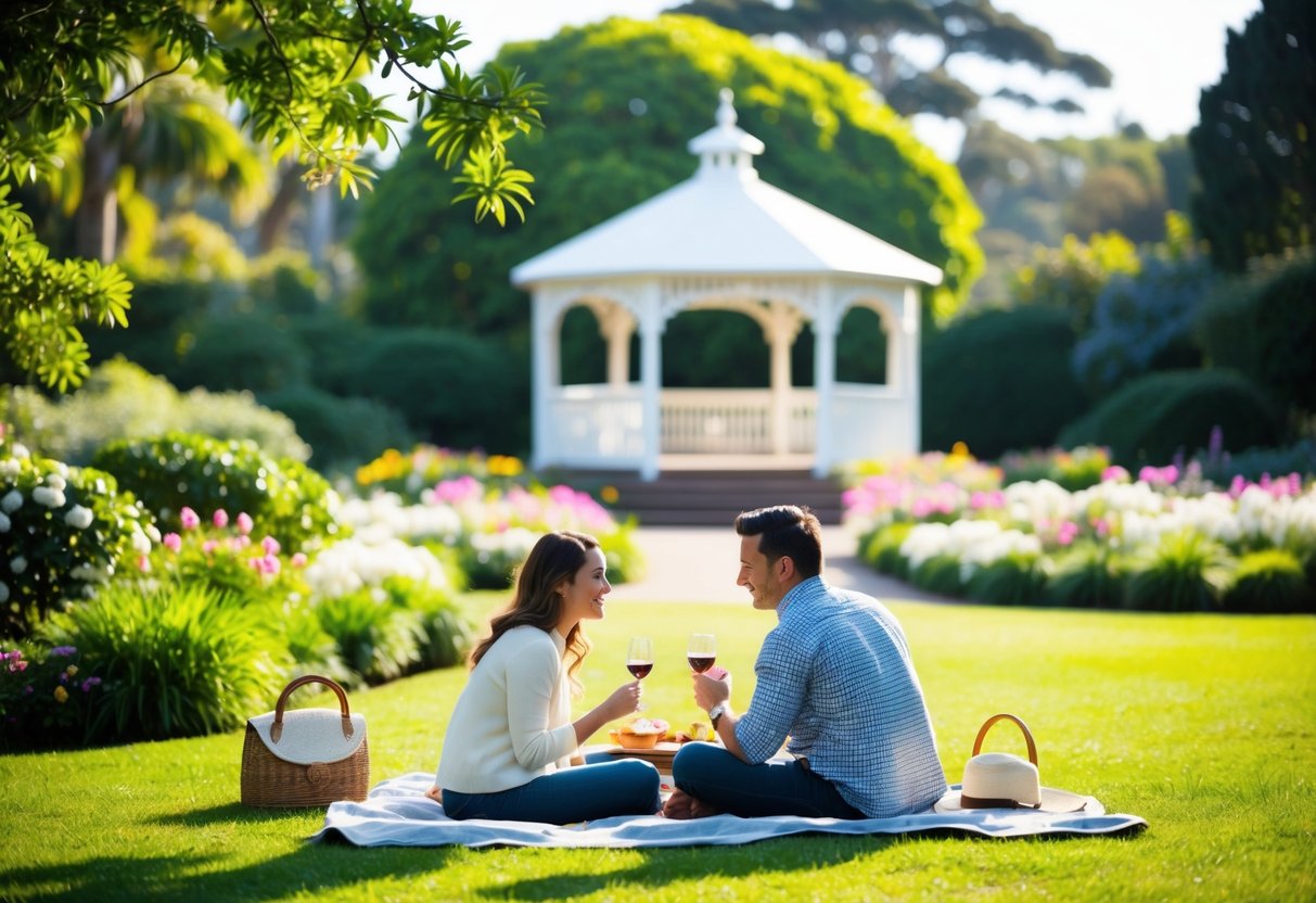 A couple picnicking in Sydney Gardens, surrounded by lush greenery and blooming flowers, with a charming gazebo in the background