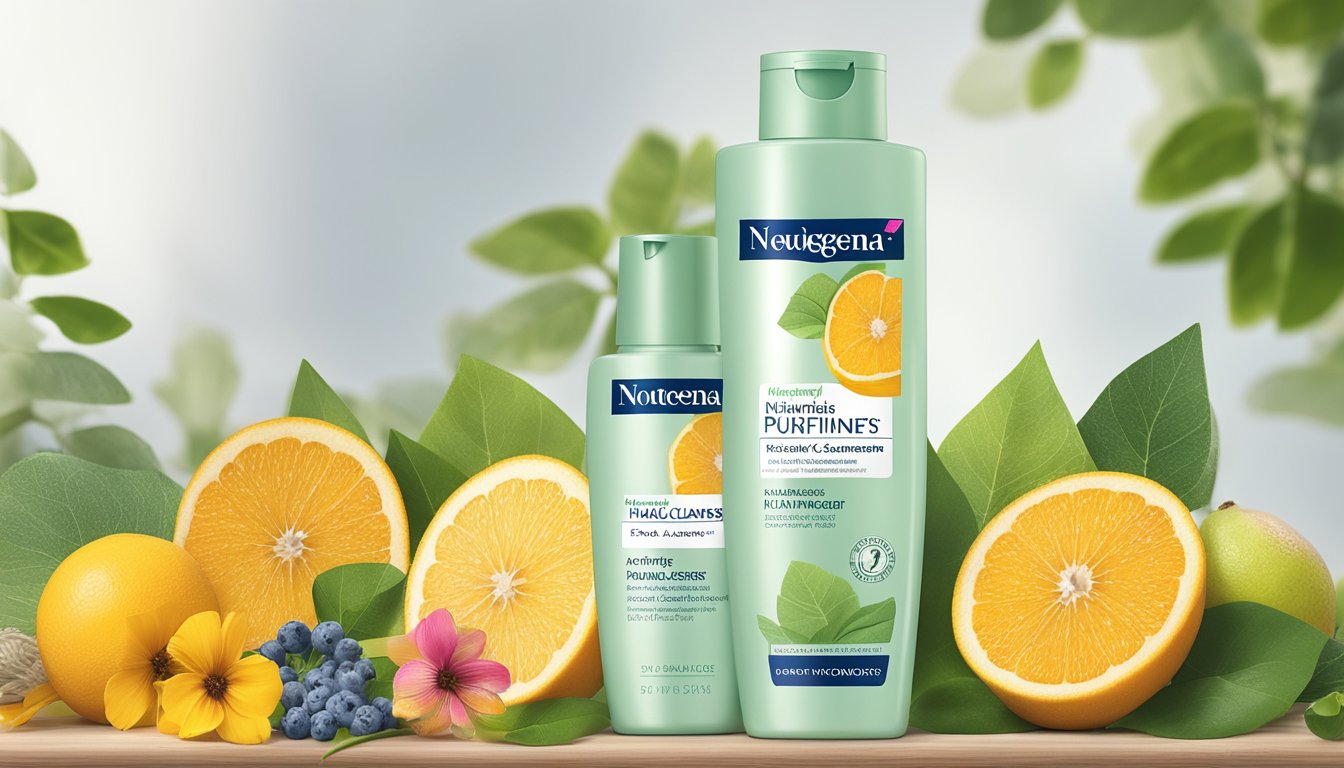 A clear bottle of Neutrogena Naturals Purifying Facial Cleanser surrounded by natural elements like flowers, leaves, and fruits, with a contrast of artificial ingredients in the background