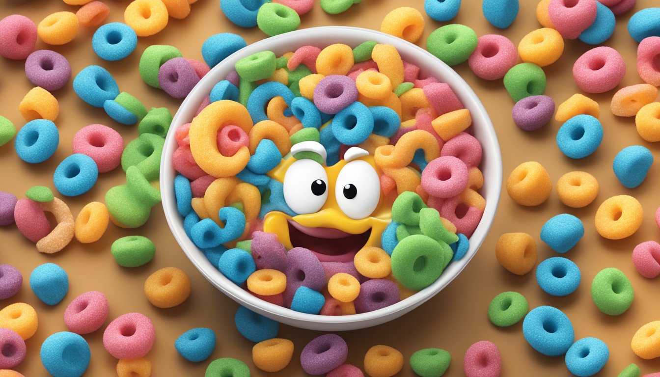 A colorful bowl of Froot Loops cereal surrounded by sugary toppings and a spoon, with a cartoonish, exaggerated expression of "nutritious" on the box