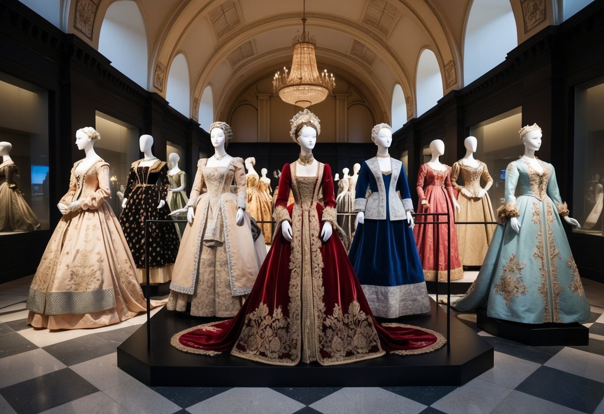 Mannequins in elaborate historical fashion fill the grand hall of the Fashion Museum in Bath, UK. The ornate garments and accessories are displayed with dramatic lighting and elegant staging