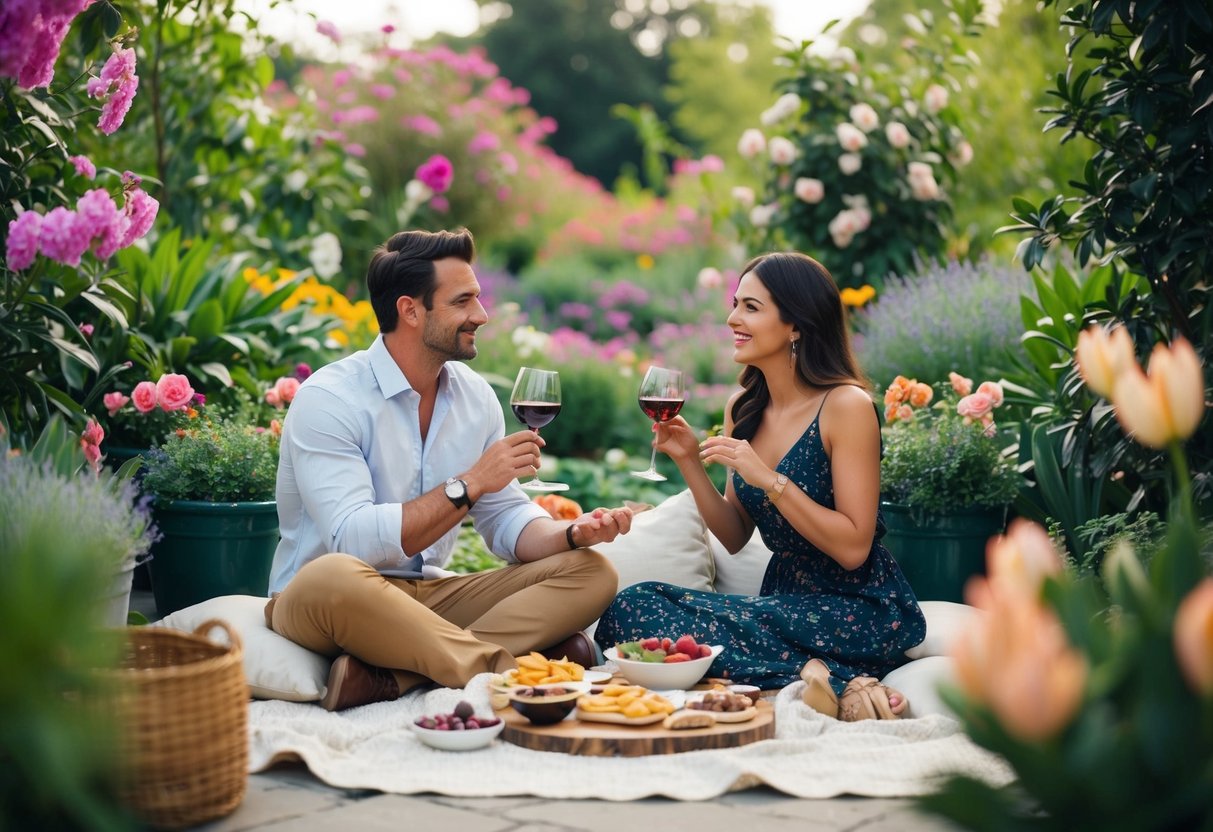 A couple picnicking in a cozy corner of a botanical garden, surrounded by blooming flowers and lush greenery. They are enjoying a spread of gourmet snacks and sipping wine as they engage in deep conversation