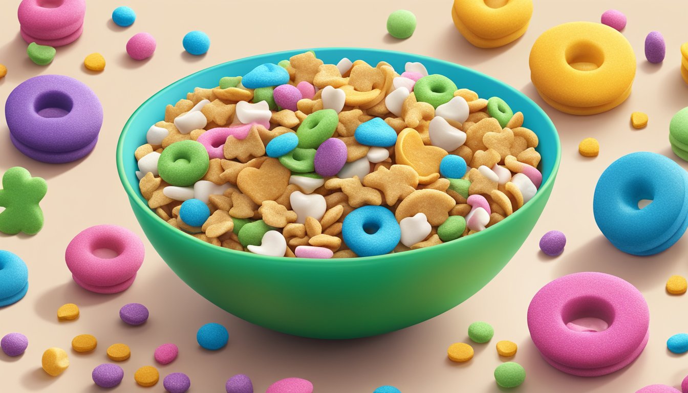 A colorful bowl of Lucky Charms cereal surrounded by sugary toppings and dessert-like decorations