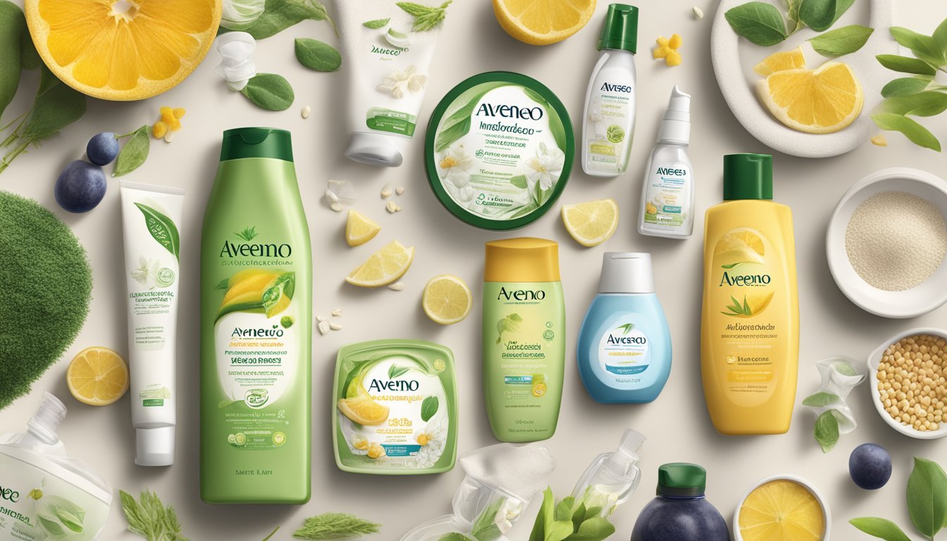 A table with a bottle of Aveeno moisturizer surrounded by 14 natural ingredients and artificial additives