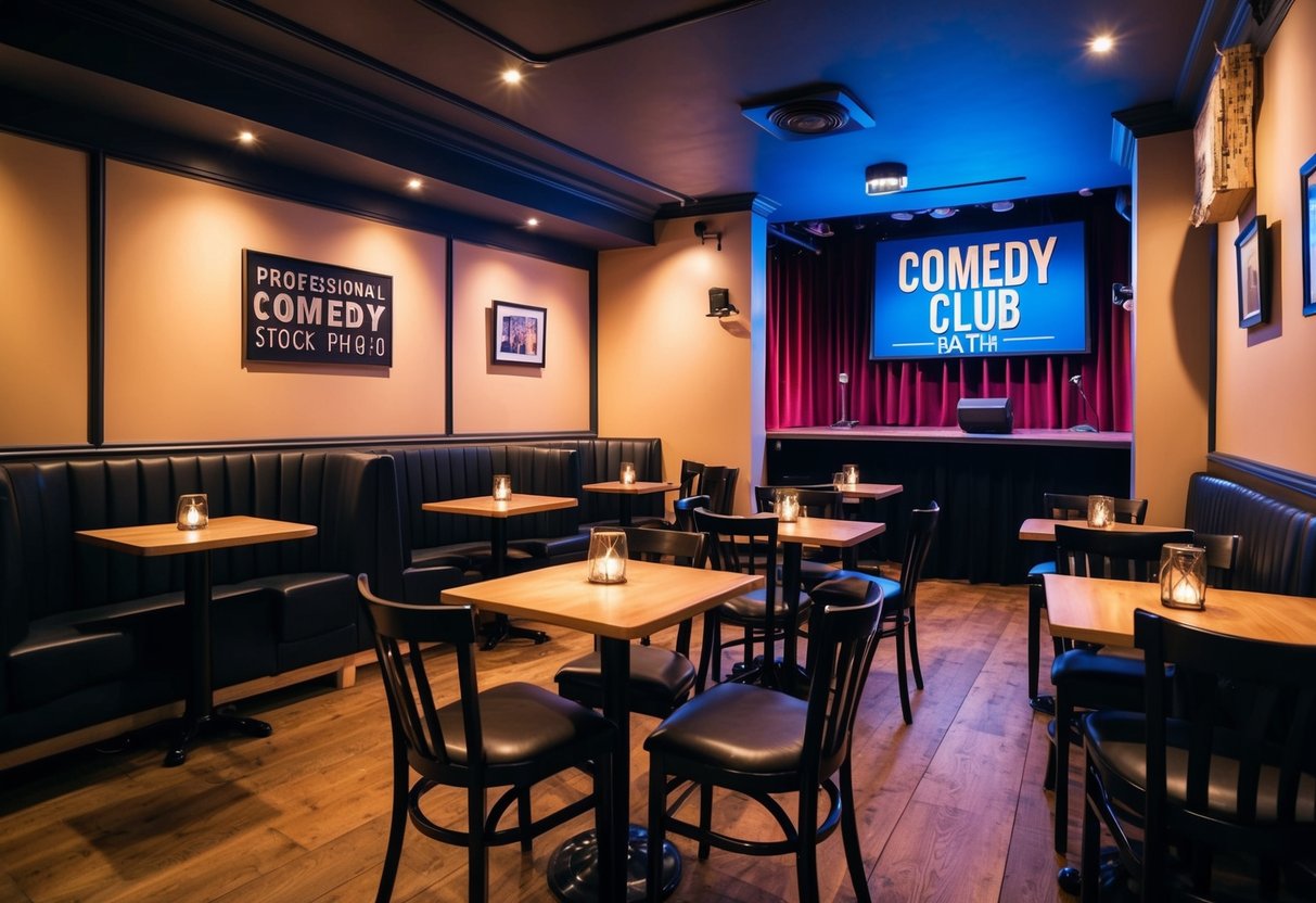 A cozy and dimly lit comedy club with small tables, a stage, and a vibrant atmosphere in Bath, UK