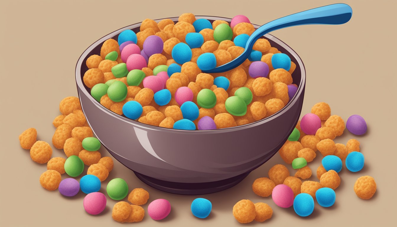 A colorful bowl of Cocoa Puffs surrounded by sugary kids' cereals, with a spoon resting on the edge