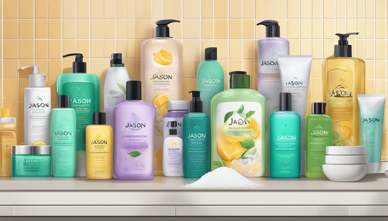 A cluttered bathroom shelf with Jason Naturals body wash surrounded by artificial ingredients like synthetic fragrances and preservatives