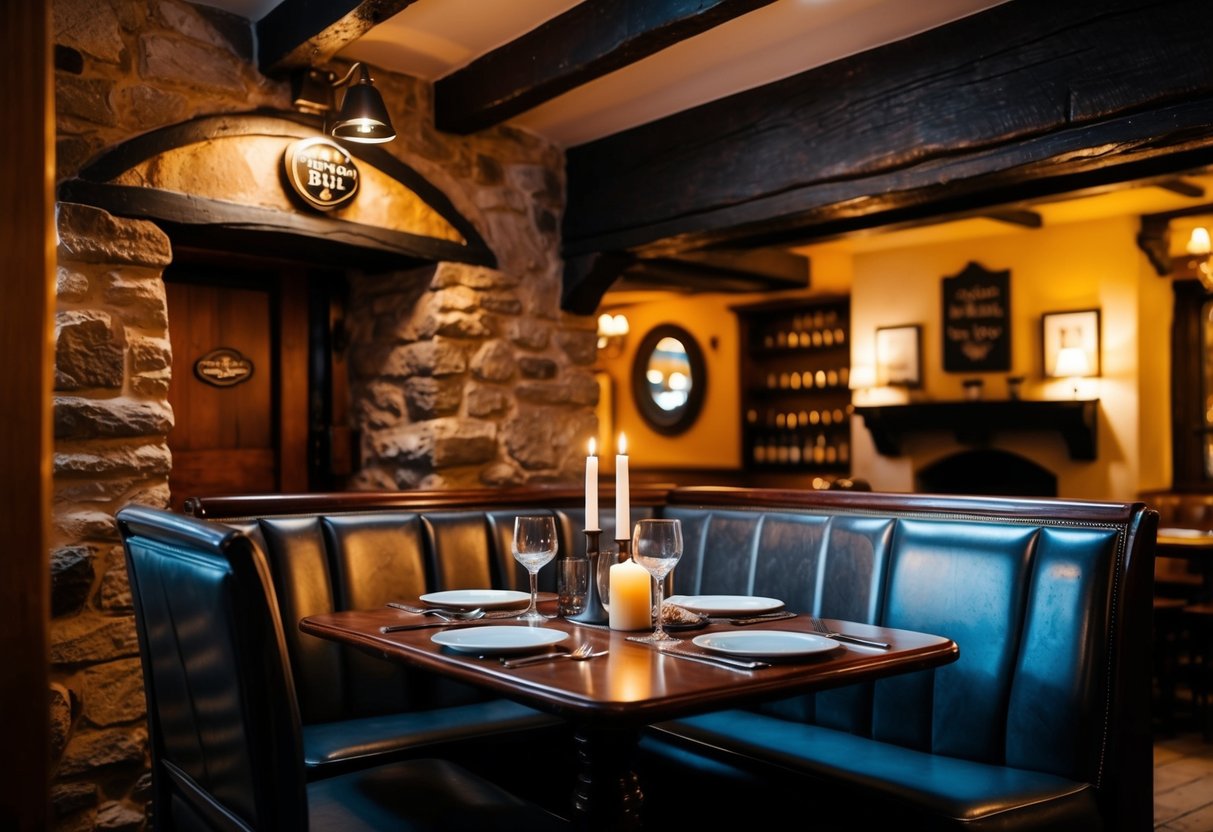 A cozy, candlelit table for two in a charming, historic pub with stone walls and wooden beams