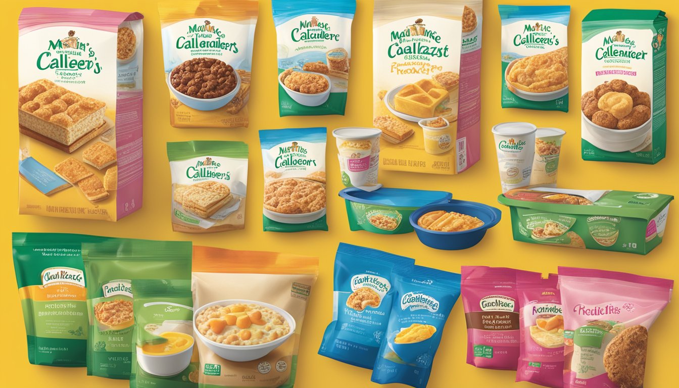 A table with a variety of frozen breakfast items, including Marie Callender's Breakfast Bakes, displayed in colorful packaging