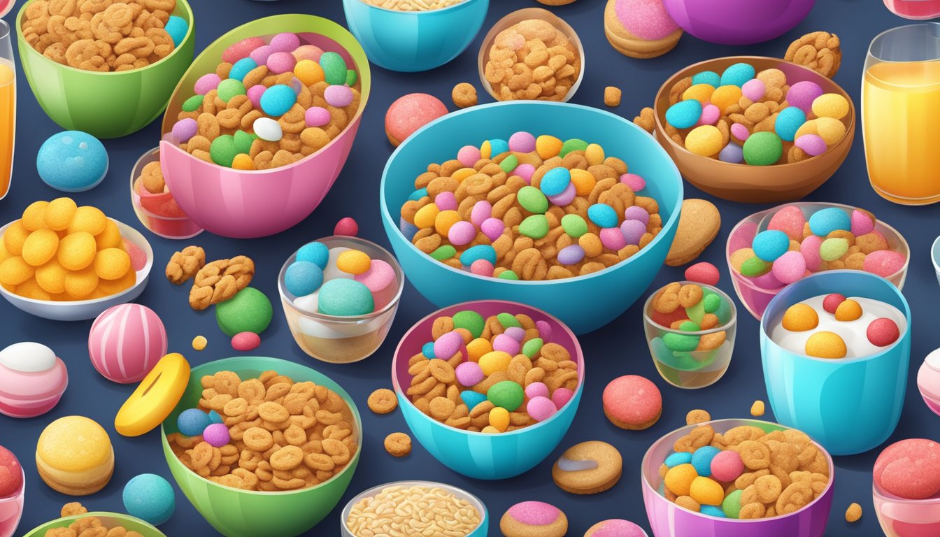 A colorful bowl filled with sugary cereal surrounded by dessert items like cookies and candy