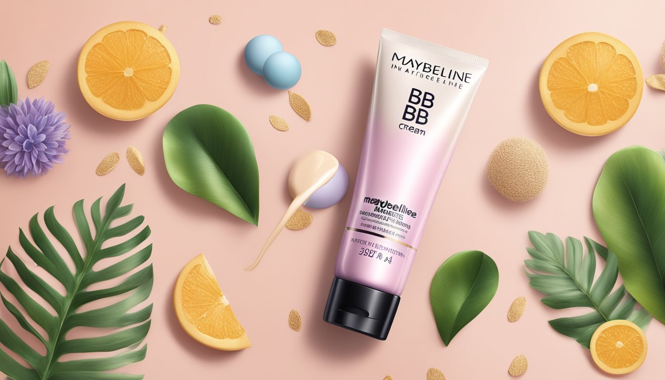 A tube of Maybelline New York Dream BB Cream surrounded by natural elements and artificial ingredients in a balanced composition